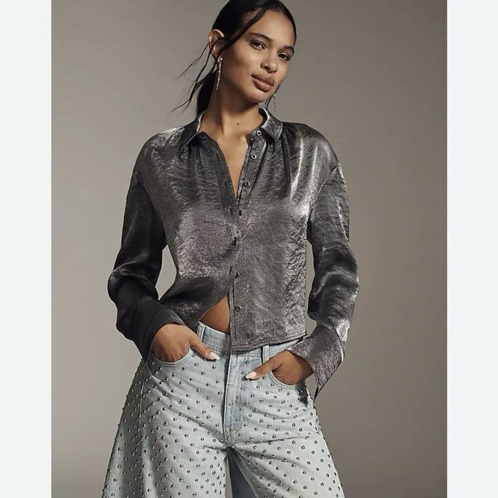 Anthropologie Pilcro Liquid Shine Silver Metallic Blouse Top Sz Small Festive